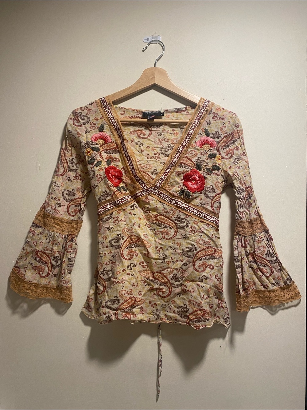 Rampage Yellow Paisley V-Neck Bell Sleeve Top with Red Floral Embroidery